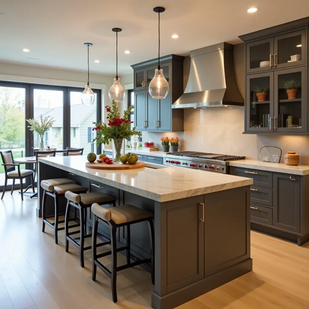 a photo of a modern kitchen island with built-in storage and stylish seating