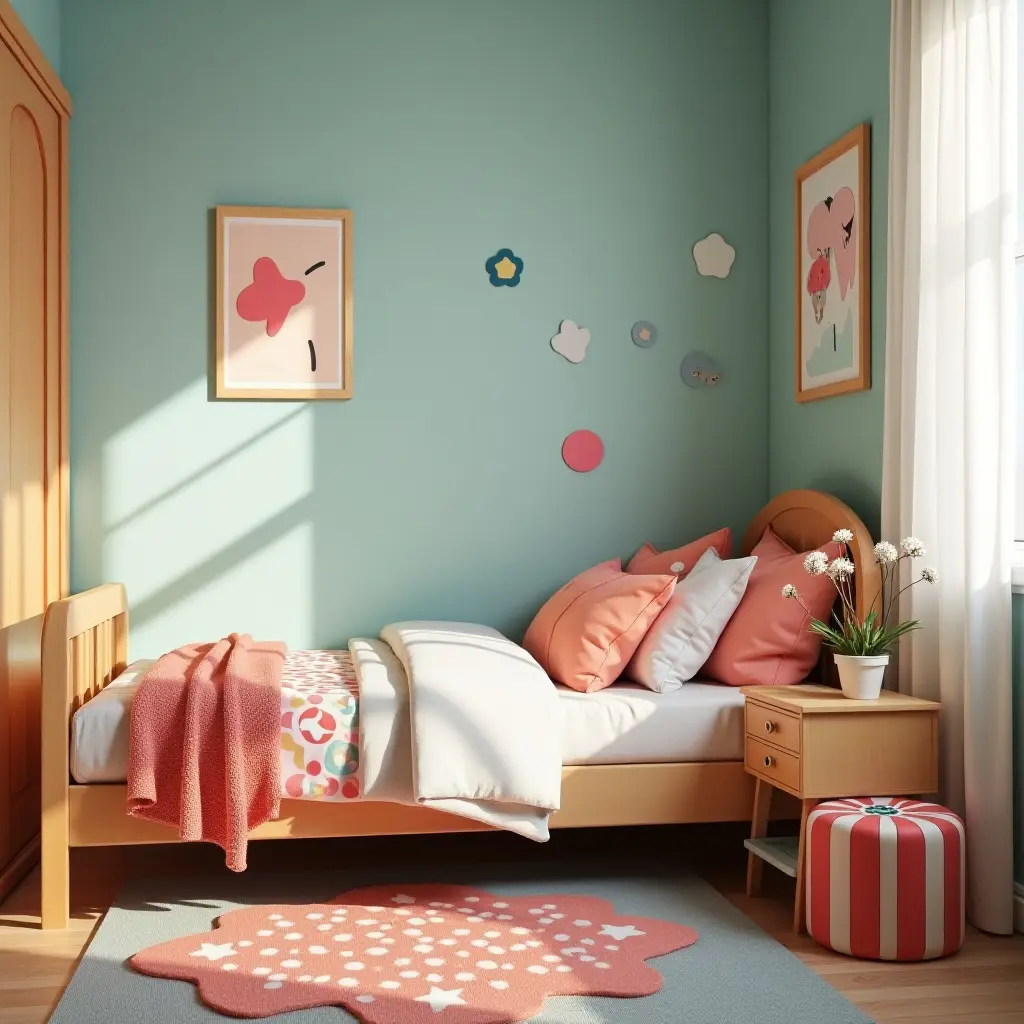 a photo of a vibrant kids' bedroom with a wooden nightstand