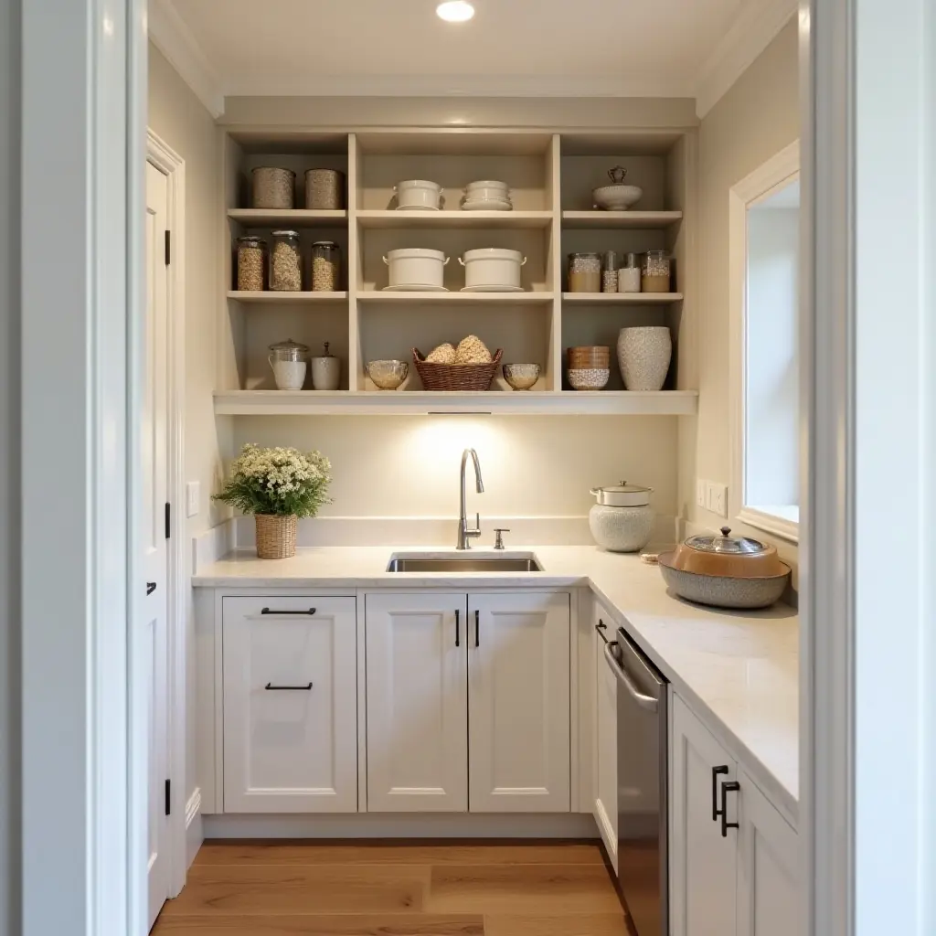 a photo of a compact butler's pantry utilizing vertical storage solutions