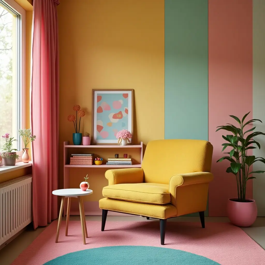 a photo of a retro lounge chair in a colorful teen's room