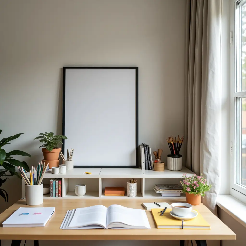 a photo of a study area with organized stationery and supplies