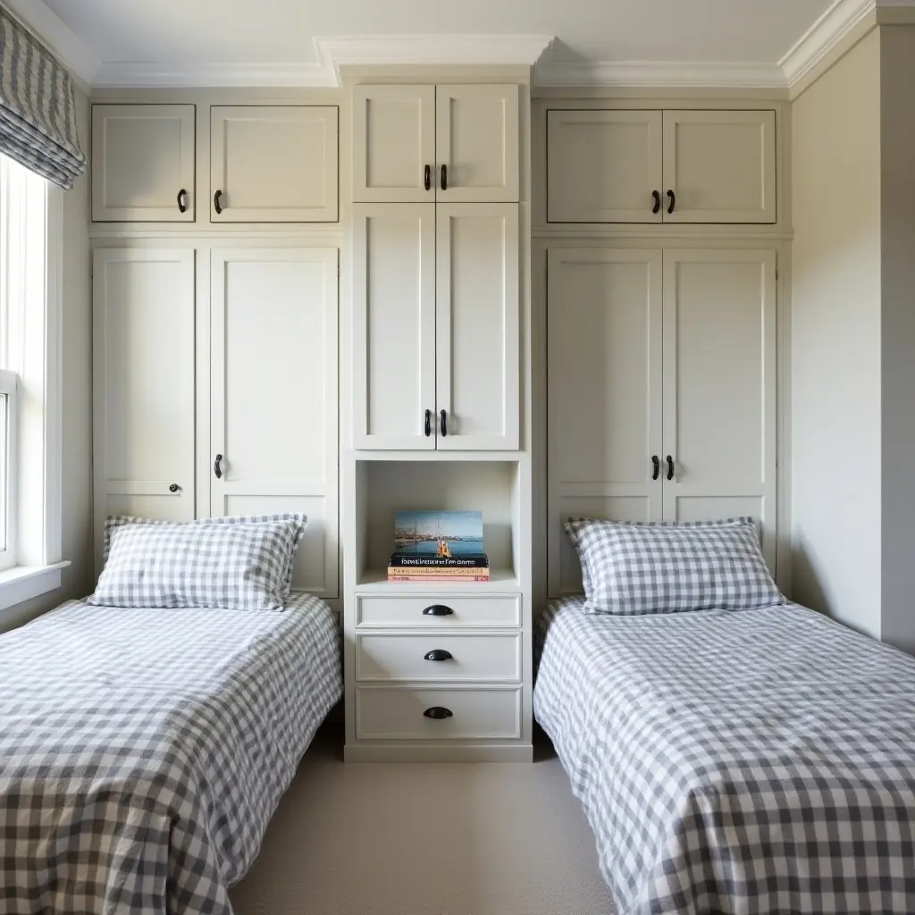 a photo of a shared bedroom with a nautical theme and built-in storage solutions