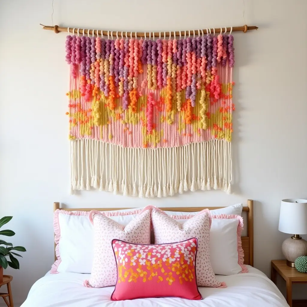 a photo of a DIY fabric wall hanging in a colorful teen's room