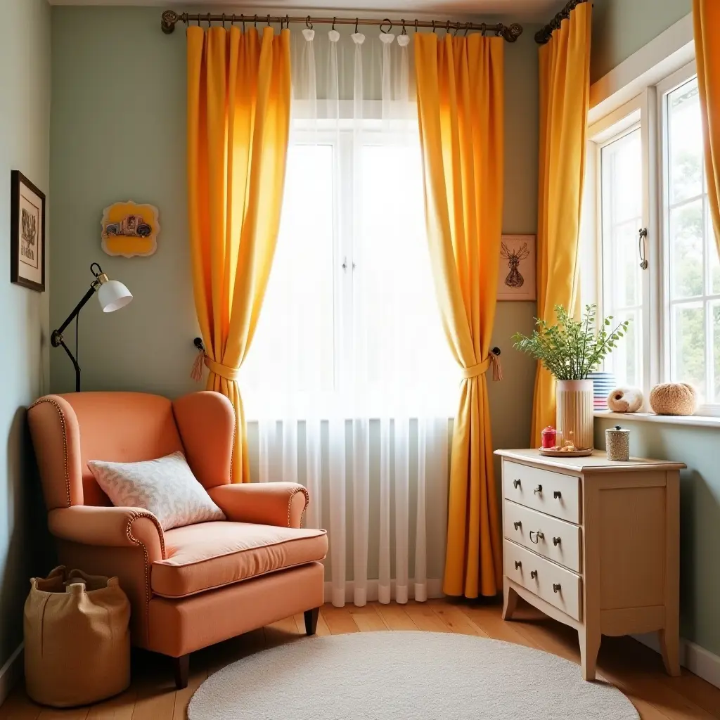 a photo of a whimsical children's bedroom with vintage armchair and bright curtains