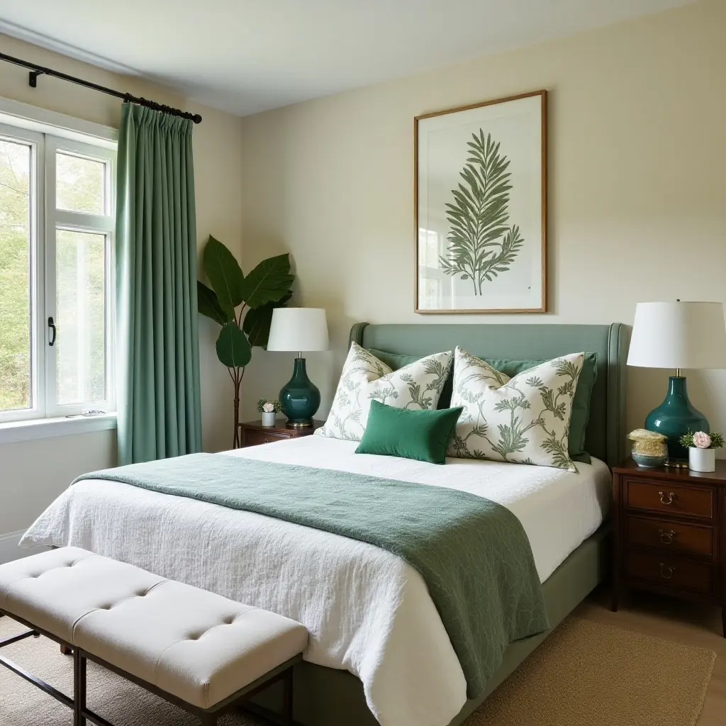 a photo of a nature-themed bedroom with botanical prints and green accents