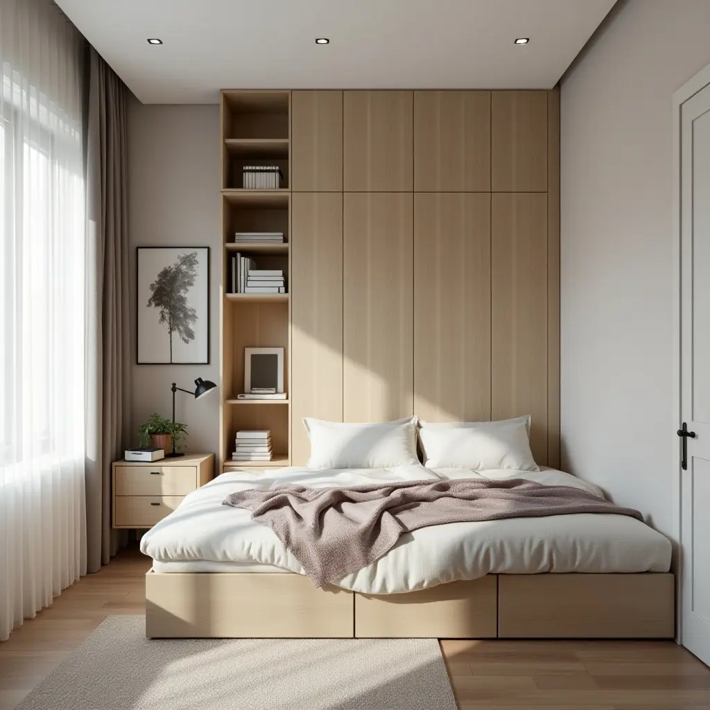 a photo of a compact bedroom with multifunctional furniture for small spaces