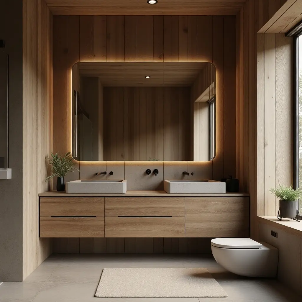 a photo of a rustic bathroom featuring textured wood, sleek tile, and metallic accents