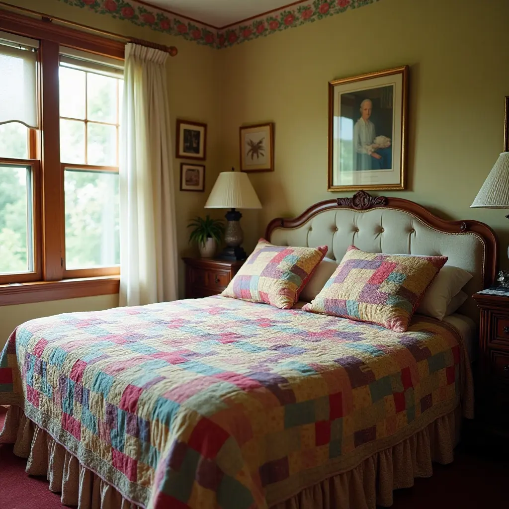 a photo of a nostalgic bedroom with a patchwork quilt and floral pillows