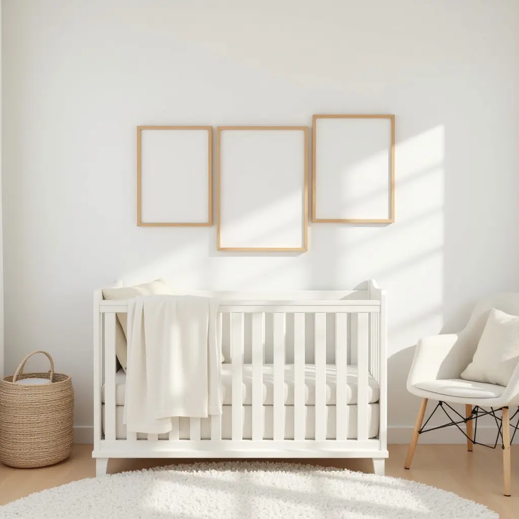 a photo of a nursery with wooden picture frames on the wall