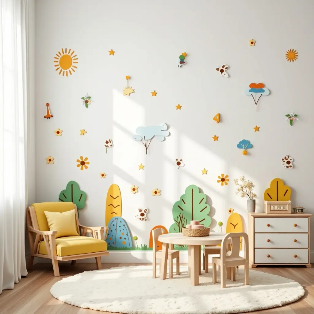 a photo of a vibrant kids' room with wooden wall decals