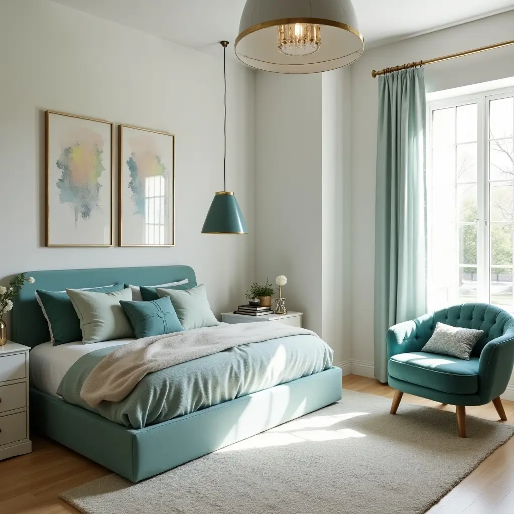 a photo of a serene kids' bedroom with metallic teal accents