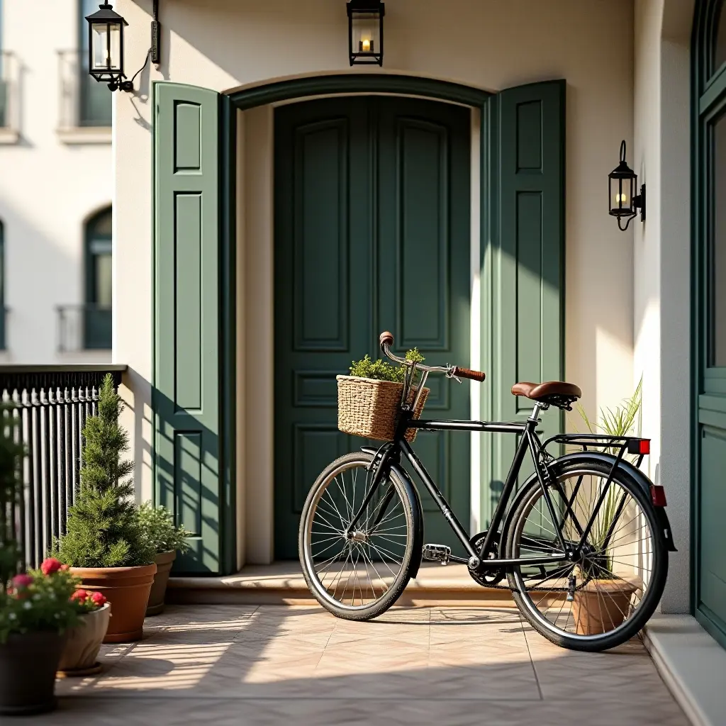 a photo of a balcony with a vintage bicycle as a decor piece