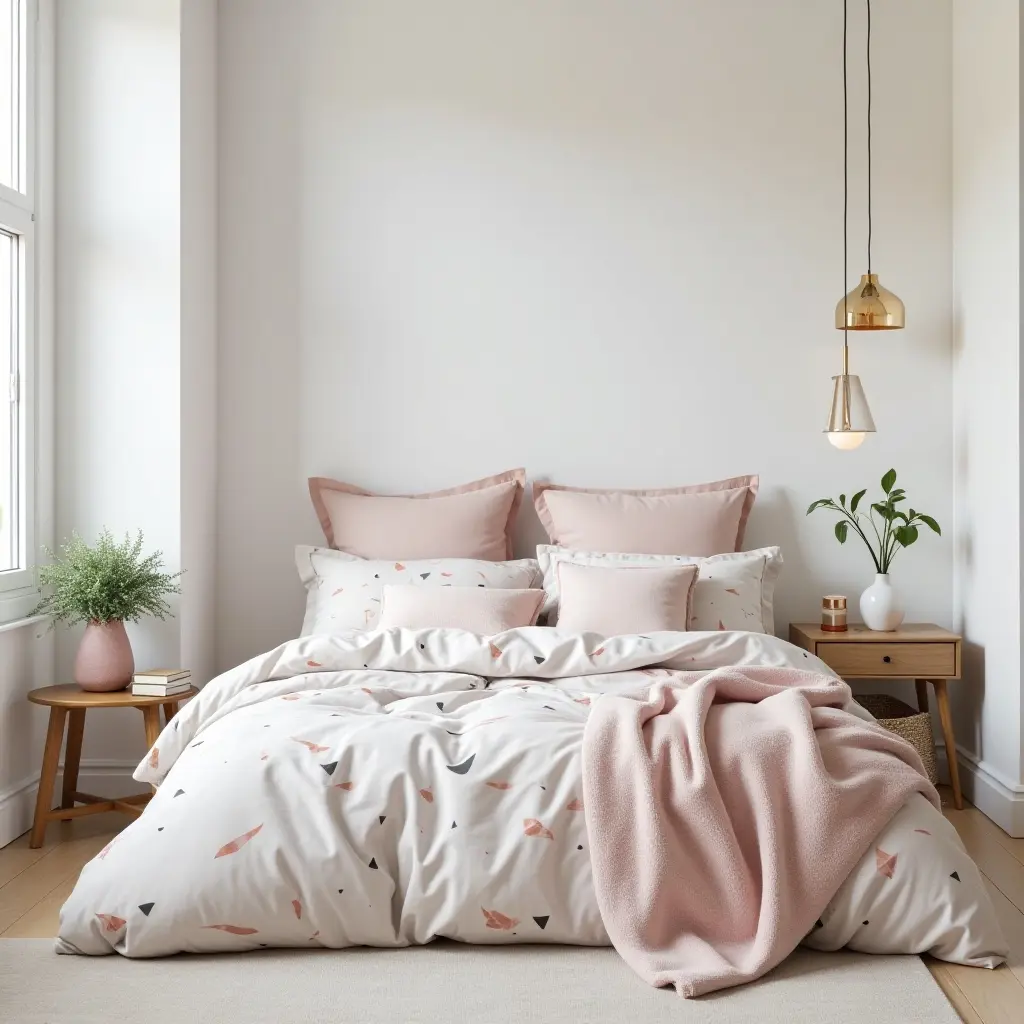 a photo of a cozy kids' bedroom showcasing marble-inspired bedding and accessories
