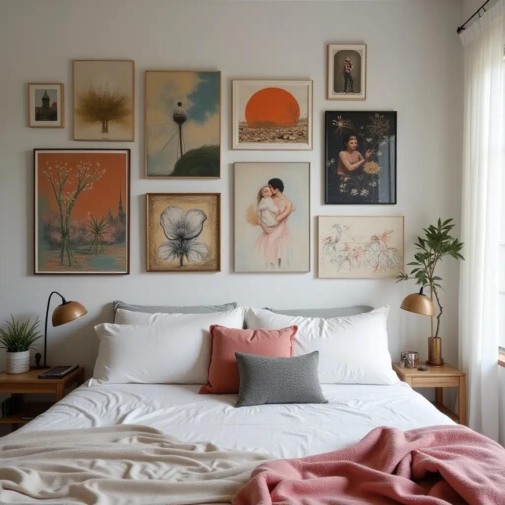 a photo of an artistic bedroom featuring a gallery wall of mixed media art