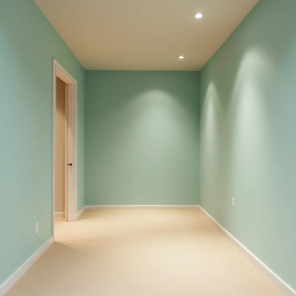 a photo of a basement in calming shades of seafoam and sandy beige
