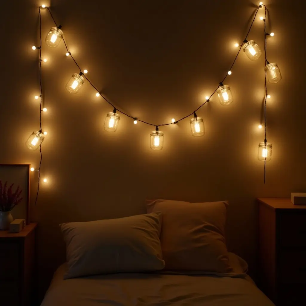 a photo of handmade string lights made from mason jars in a teen's room