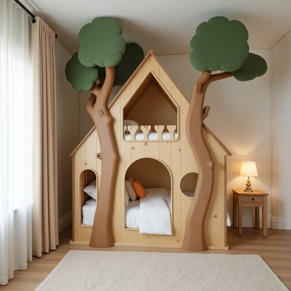 a photo of a whimsical wooden treehouse bed in a child's room