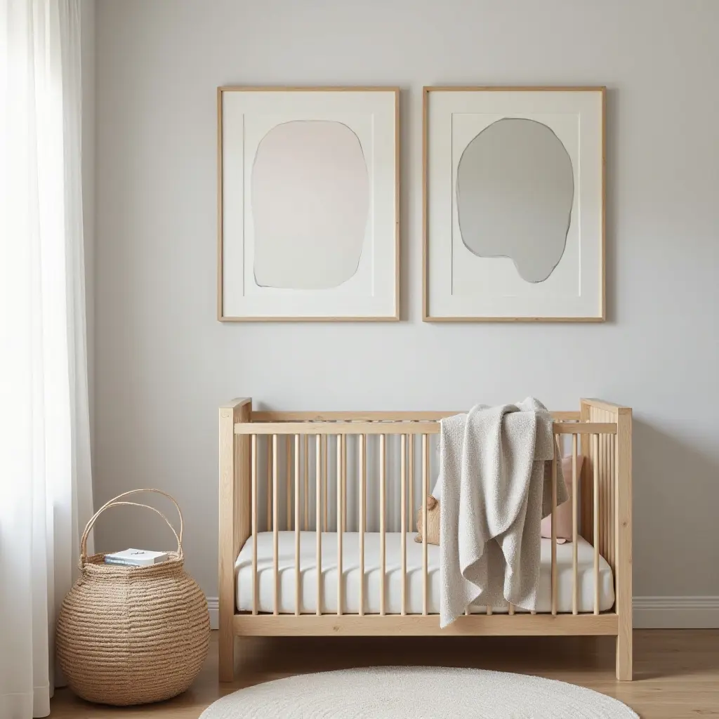 a photo of a nursery that harmonizes wood, fabric, and metal in decor