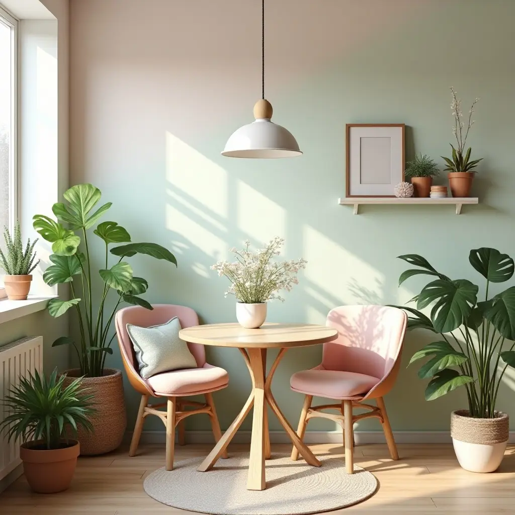 a photo of a charming breakfast nook with pastel colors and potted plants