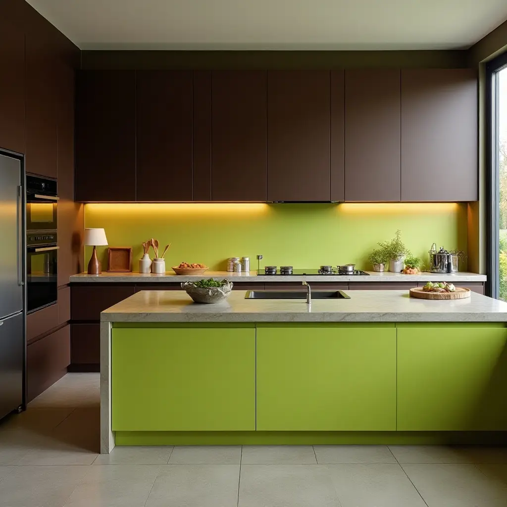 a photo of rich chocolate brown and vibrant lime green kitchen cabinets
