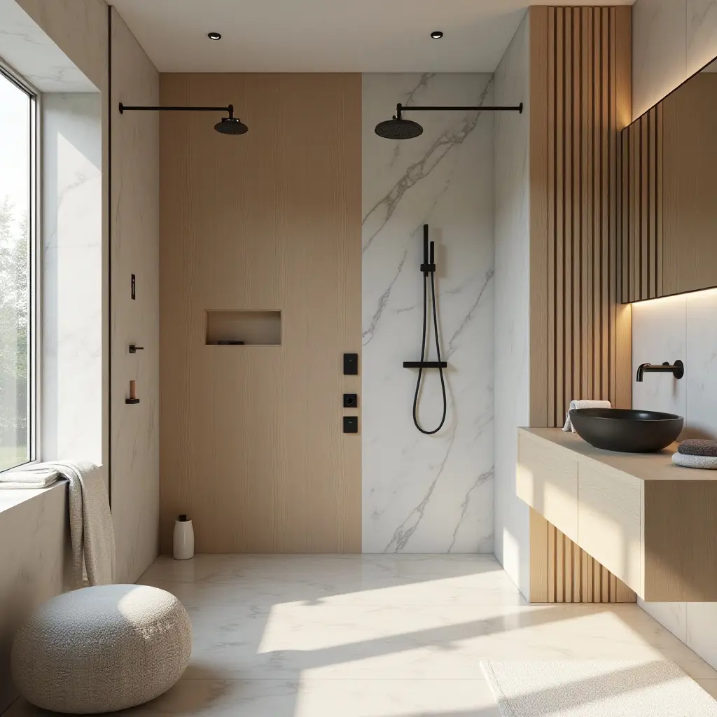 a photo of a luxurious Scandinavian bathroom featuring a rainfall shower and wood accents