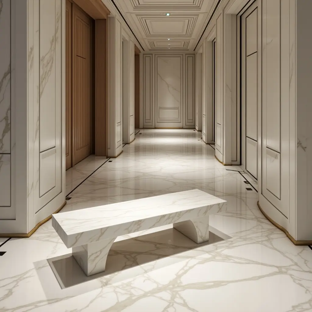 a photo of an elegant marble bench in a luxurious hallway