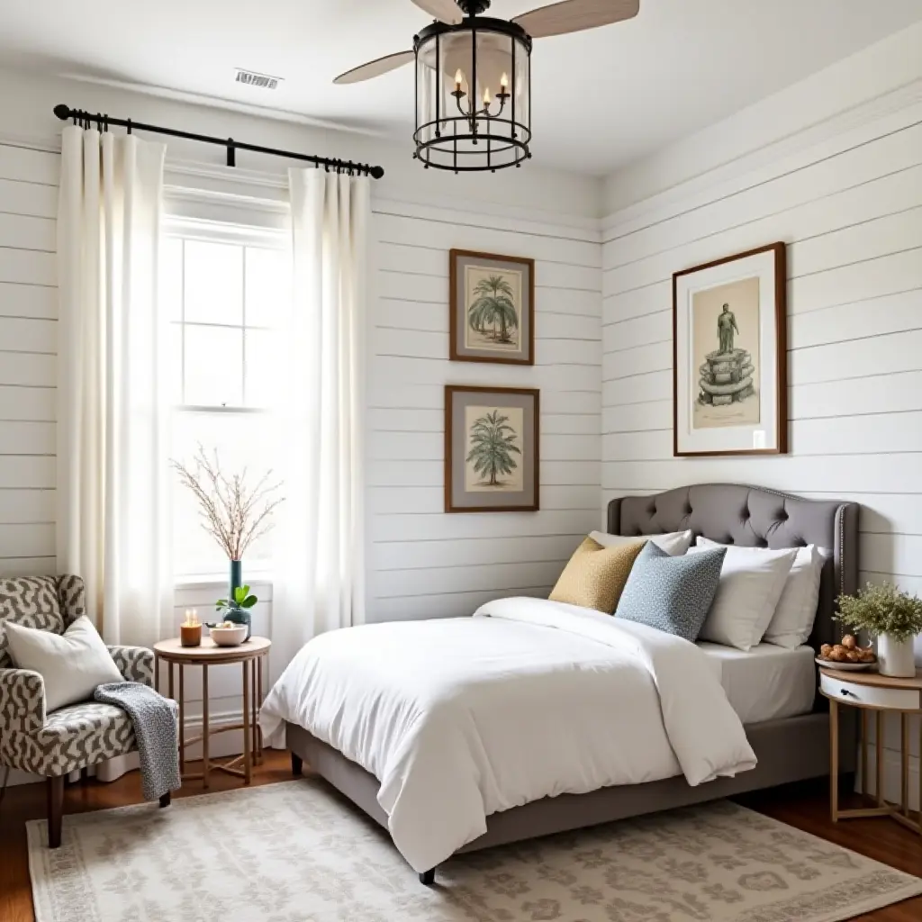 a photo of a teen's bedroom featuring shiplap walls and vintage decor accents