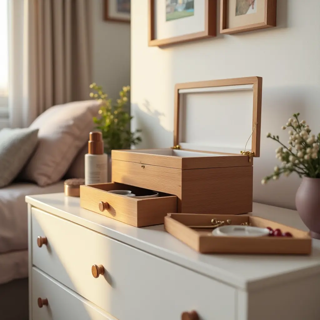 a photo of a wooden jewelry box on a dresser in a teen's bedroom