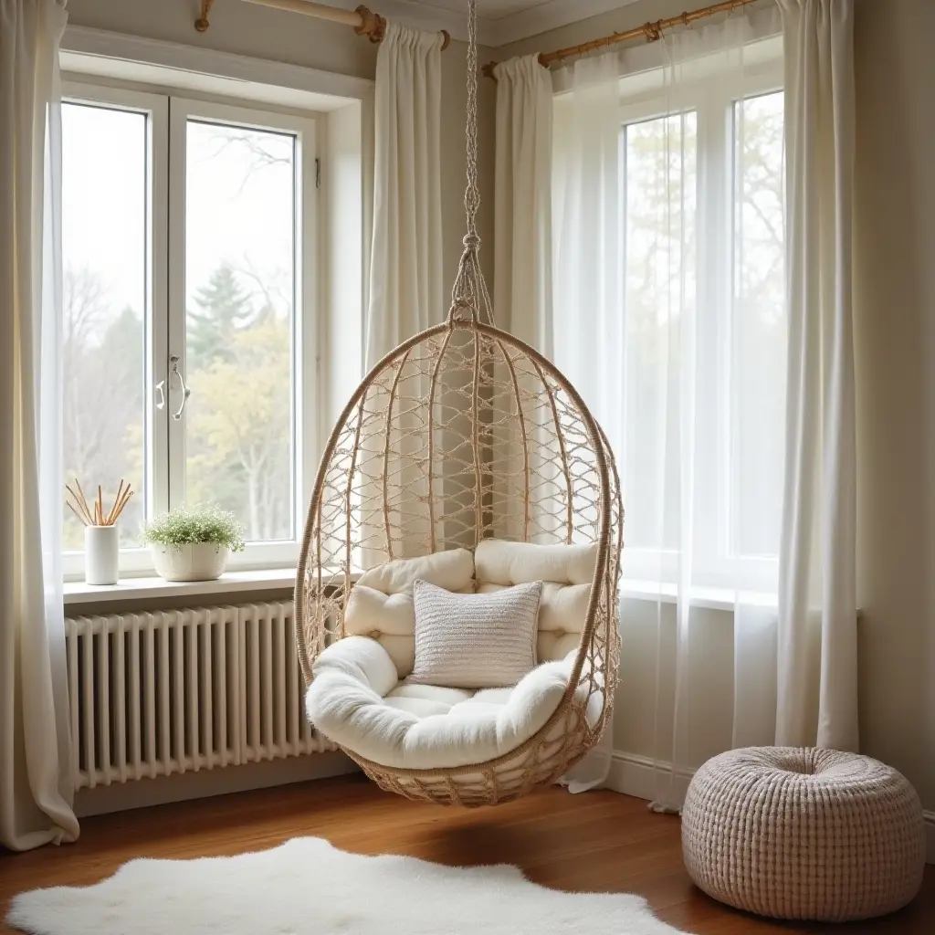 a photo of a cozy corner with a hammock chair in a kid's room