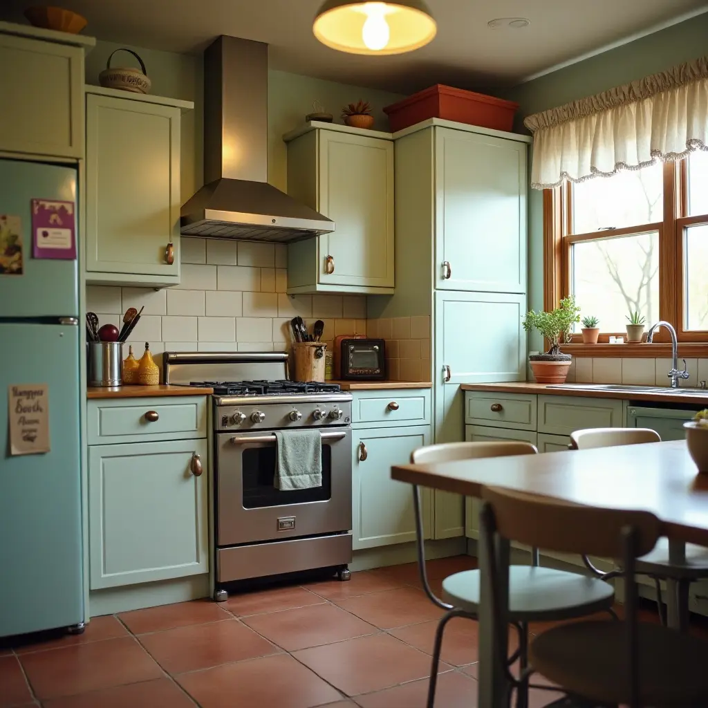a photo of a small kitchen featuring a vintage stove and retro appliances