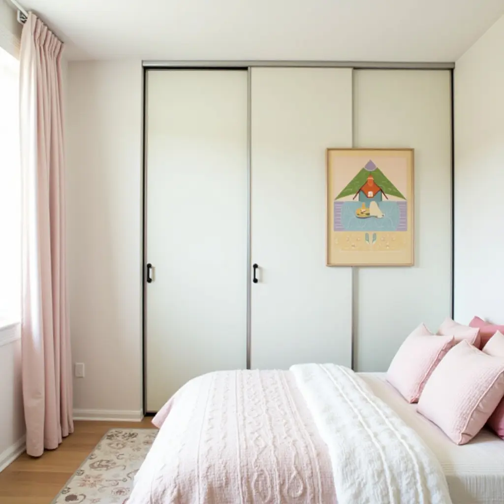a photo of a stylish kids' room with mirrored closet doors and colorful wall art
