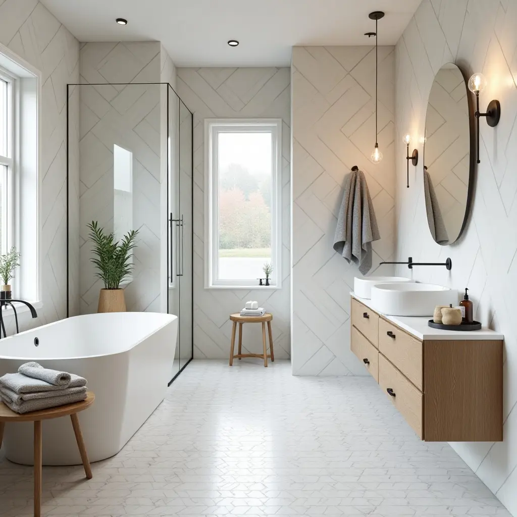 a photo of a stylish Scandinavian bathroom with geometric patterns and airy space