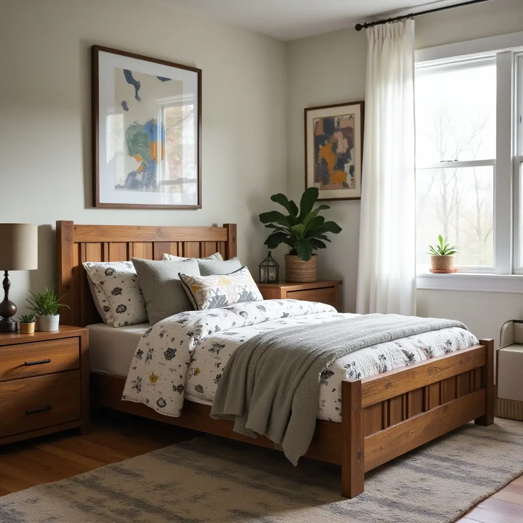 a photo of a teen's bedroom featuring a rustic wooden bed frame and patterned quilts