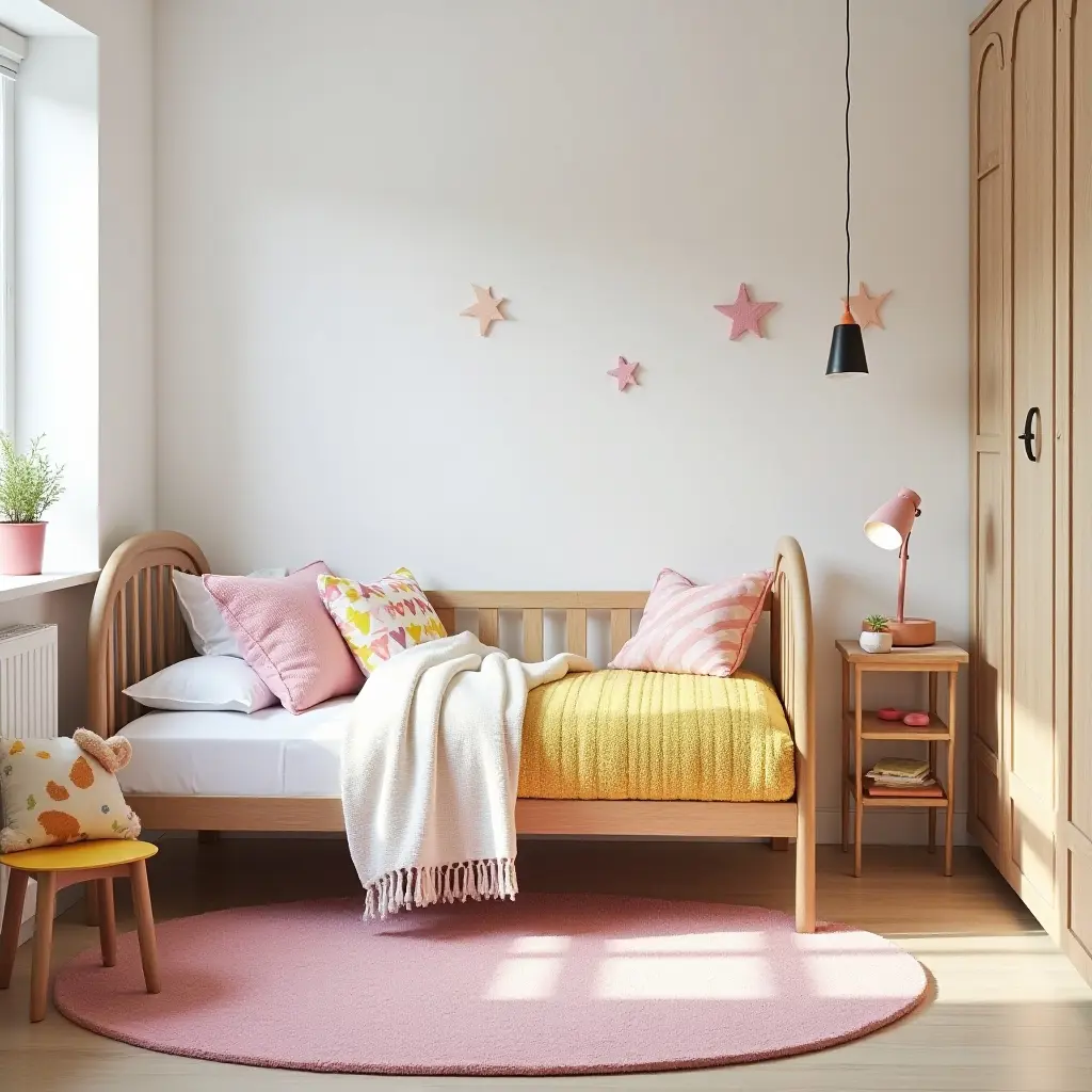 a photo of a whimsical kids' bedroom with Scandinavian design elements and colorful textiles