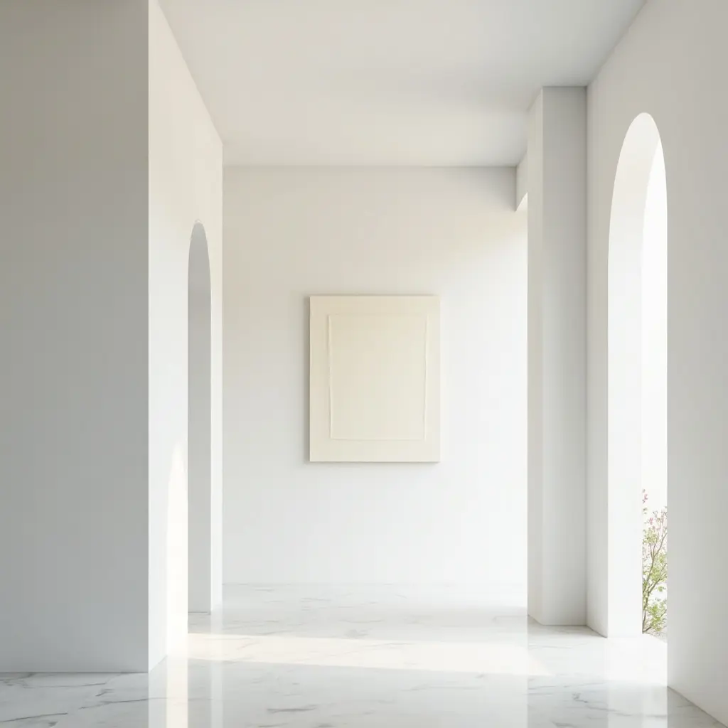 a photo of a spacious entrance hall with white walls and a single art piece
