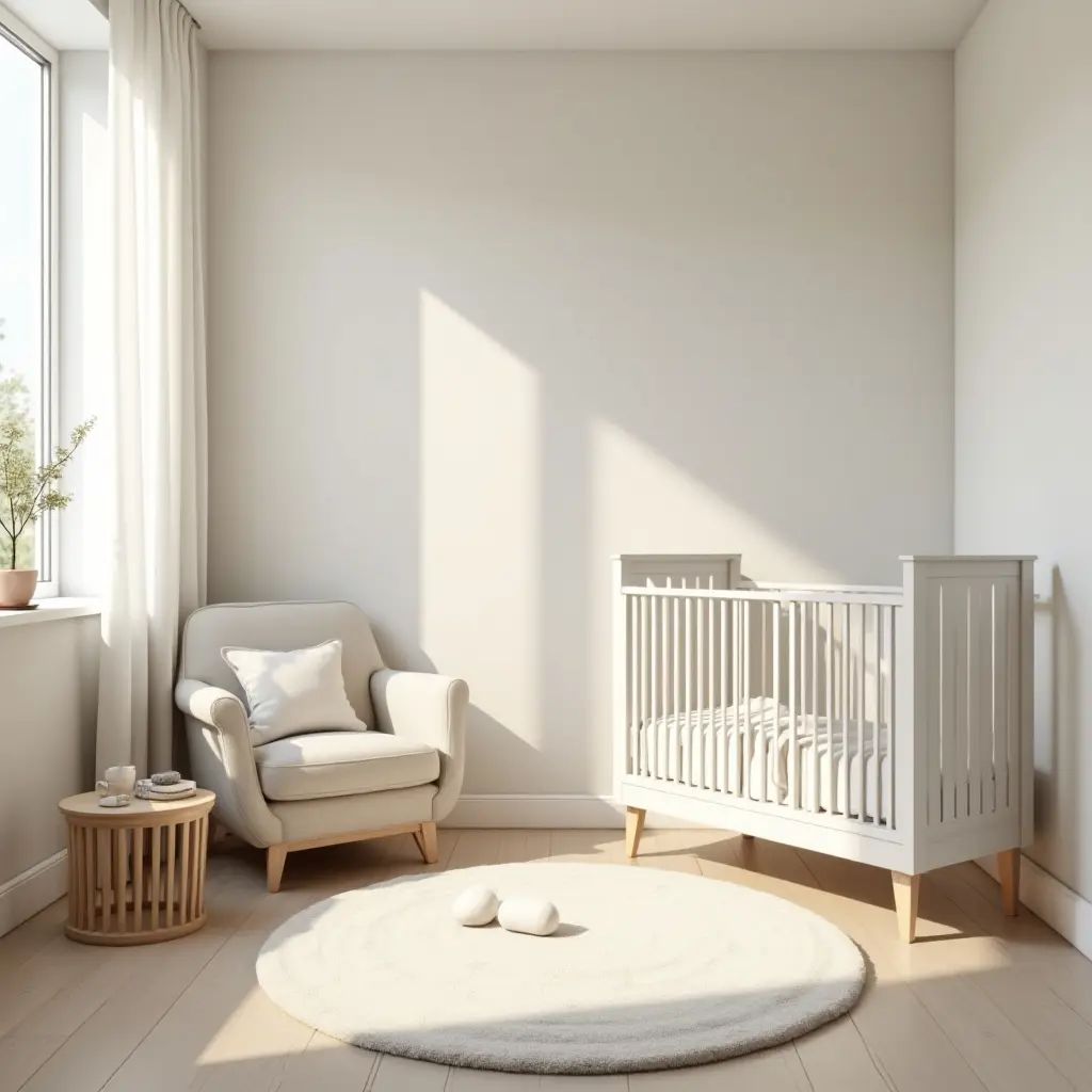 a photo of a tranquil nursery with a soft rug and gentle lighting