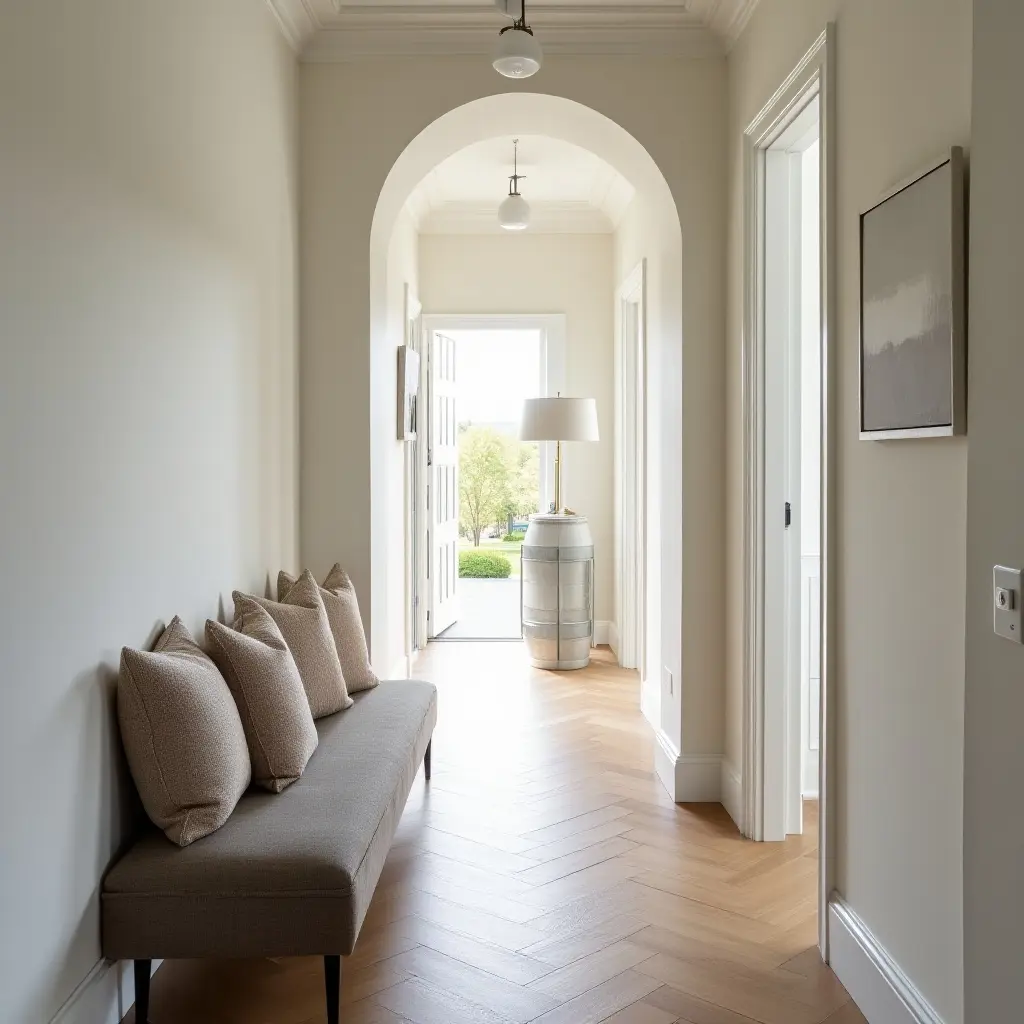 a photo of a narrow corridor transformed by layered throw pillows on a bench