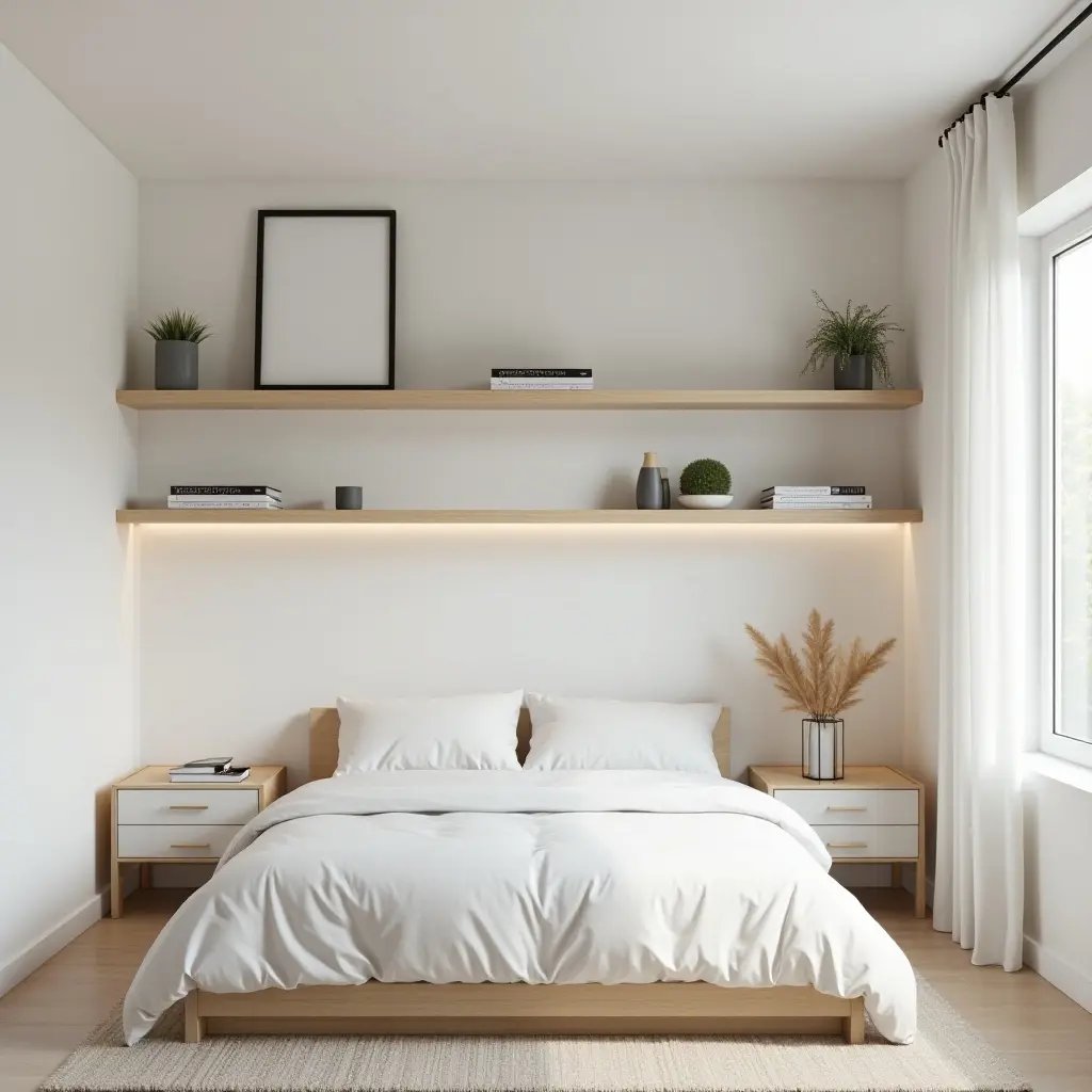 a photo of a minimalist bedroom with floating shelves for organization
