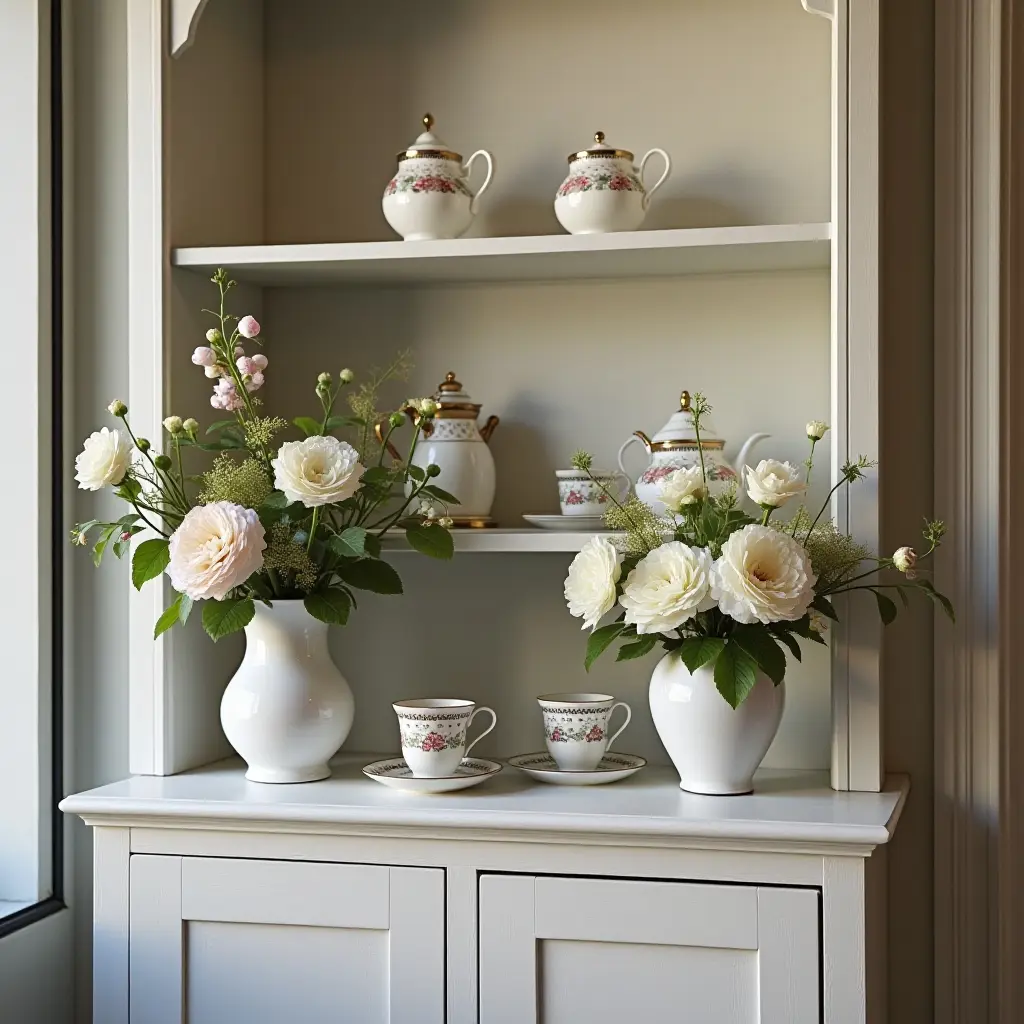 a photo of a balcony shelf with an elegant tea set and floral arrangements