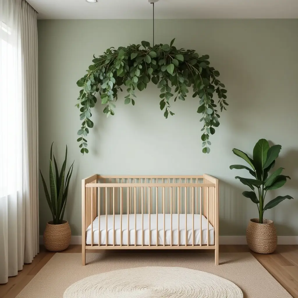 a photo of a jungle-themed nursery with a leafy canopy for a crib