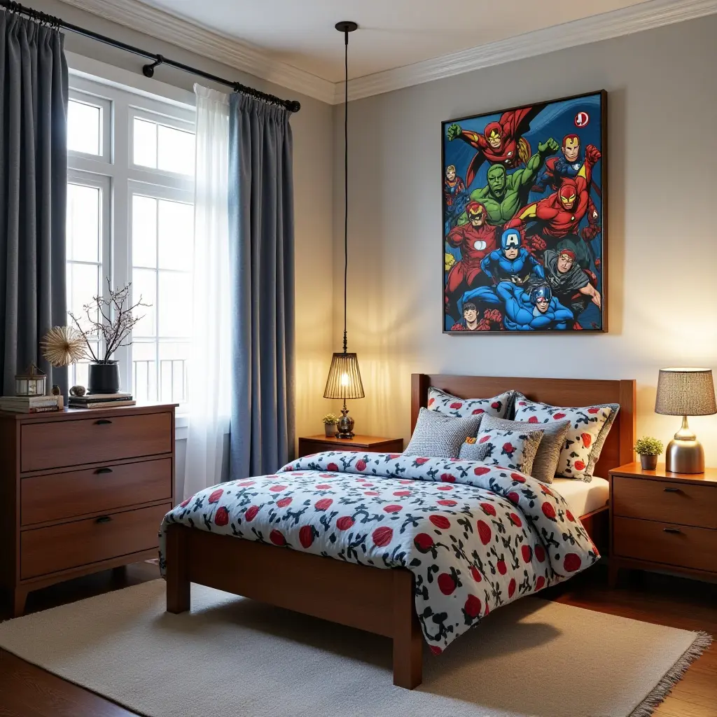 a photo of a thematic kids' bedroom using superhero fabric, wooden furniture, and metallic decor elements