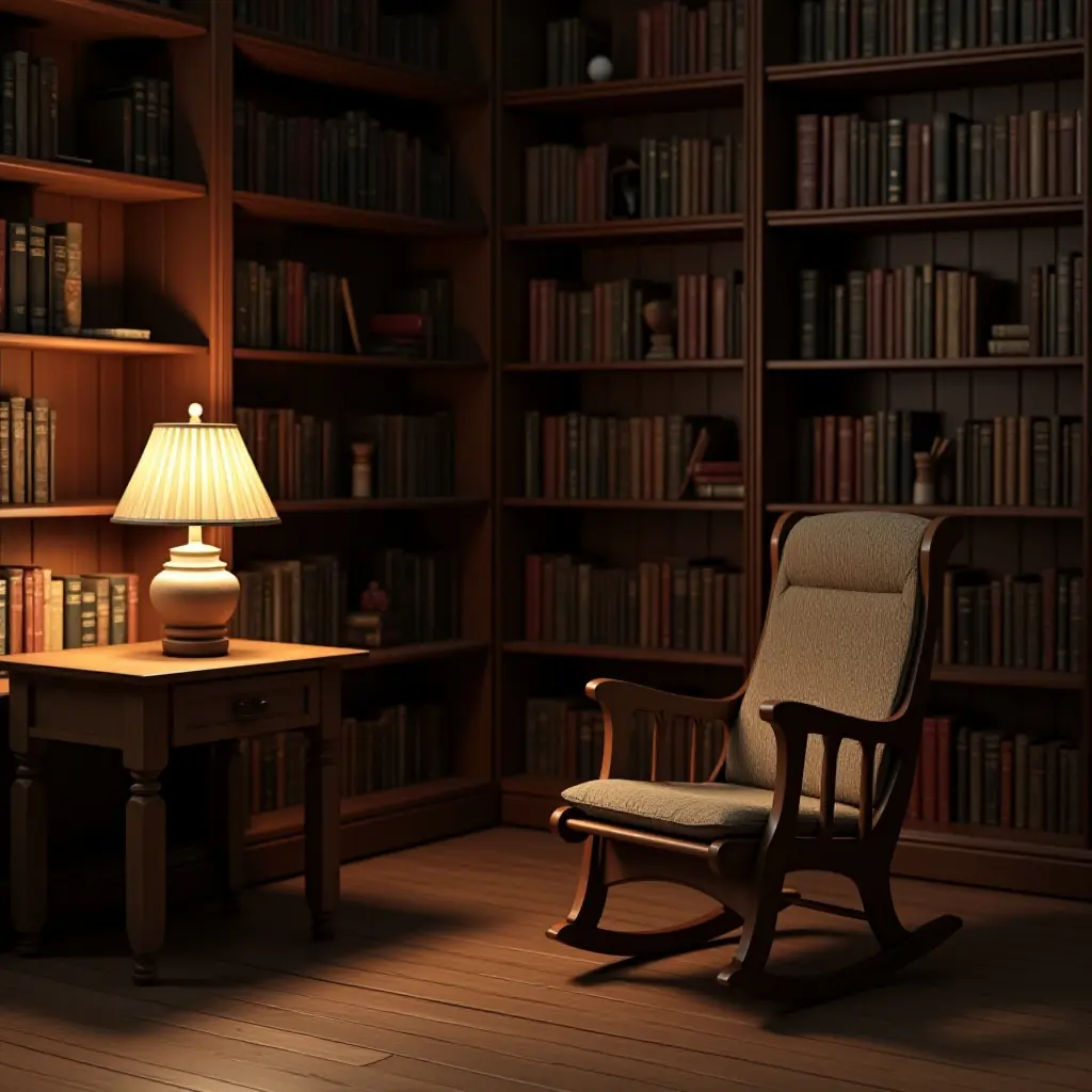 a photo of a library corner with a wooden rocking chair and lamp