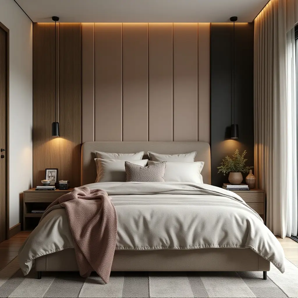 a photo of a teen bedroom with fabric, wood, and metal textures harmoniously combined