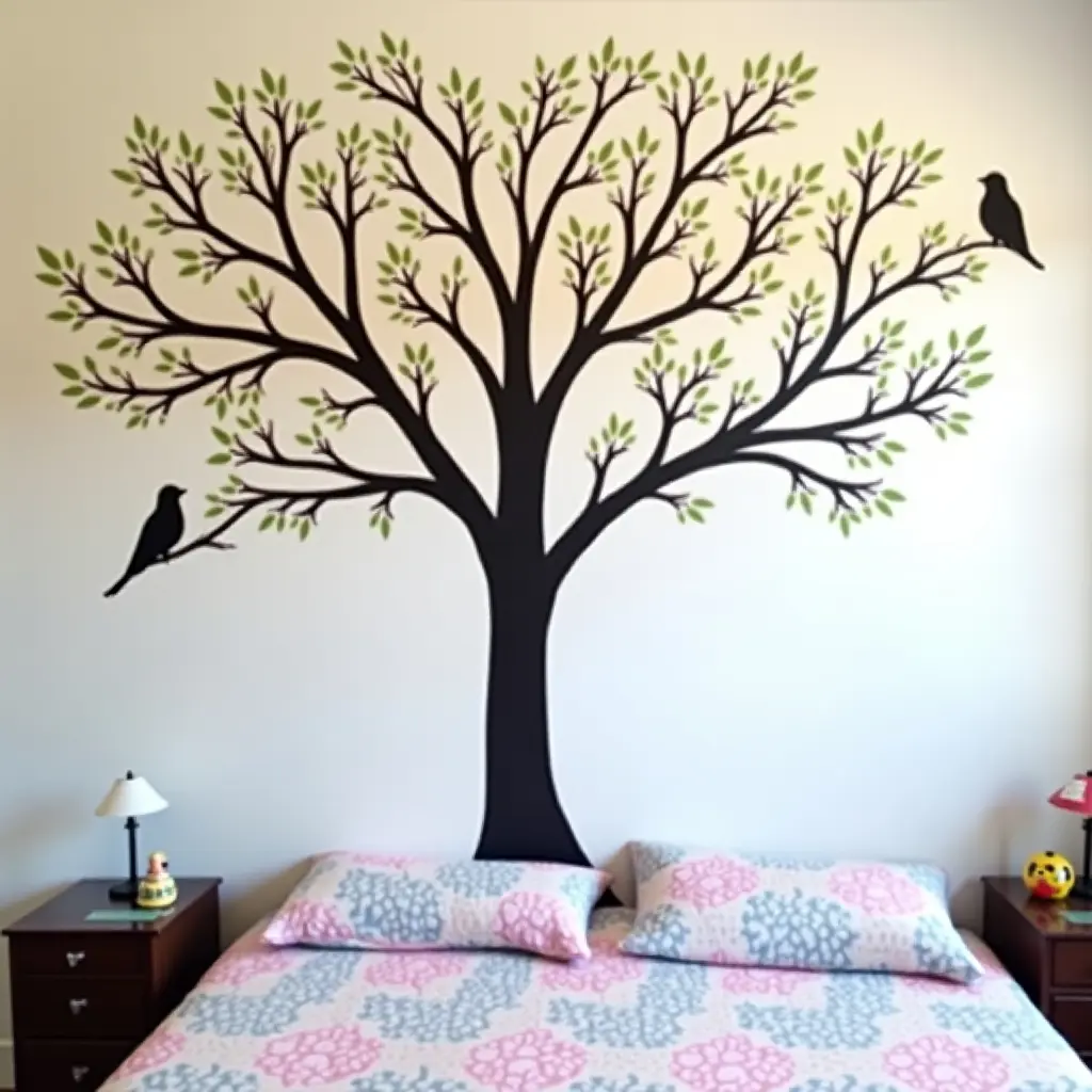 a photo of a large, hand-painted tree with birds on a teen's bedroom wall