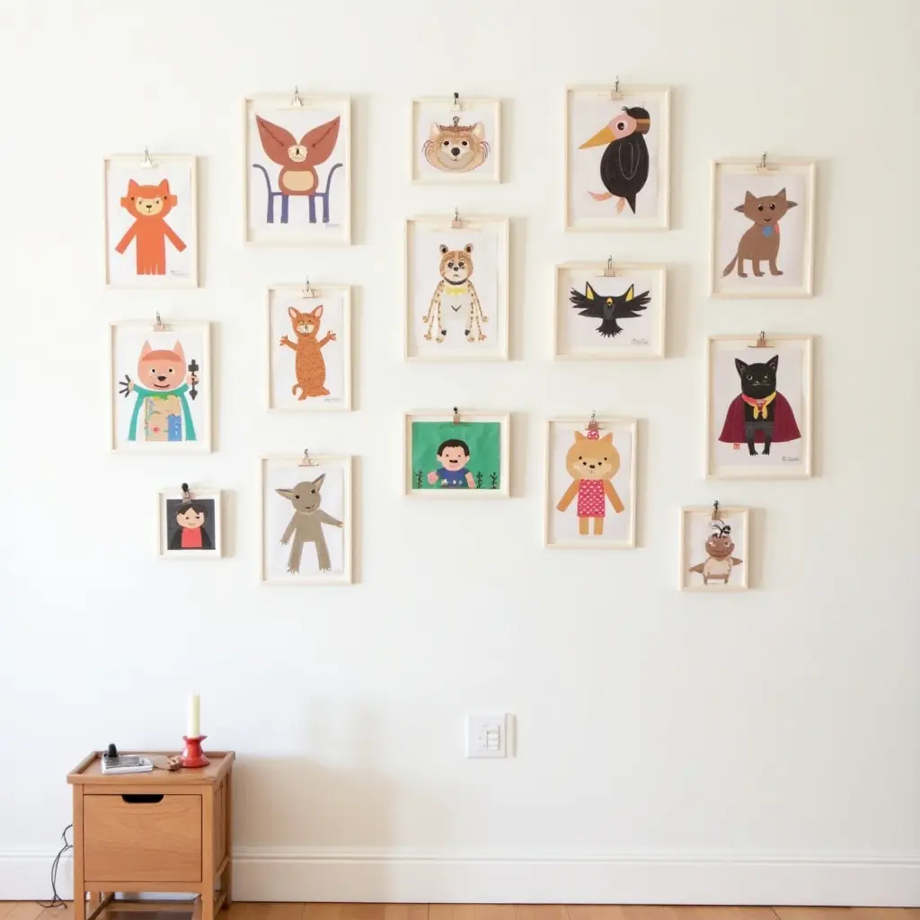 a photo of a gallery wall filled with DIY crafts and kids' creations