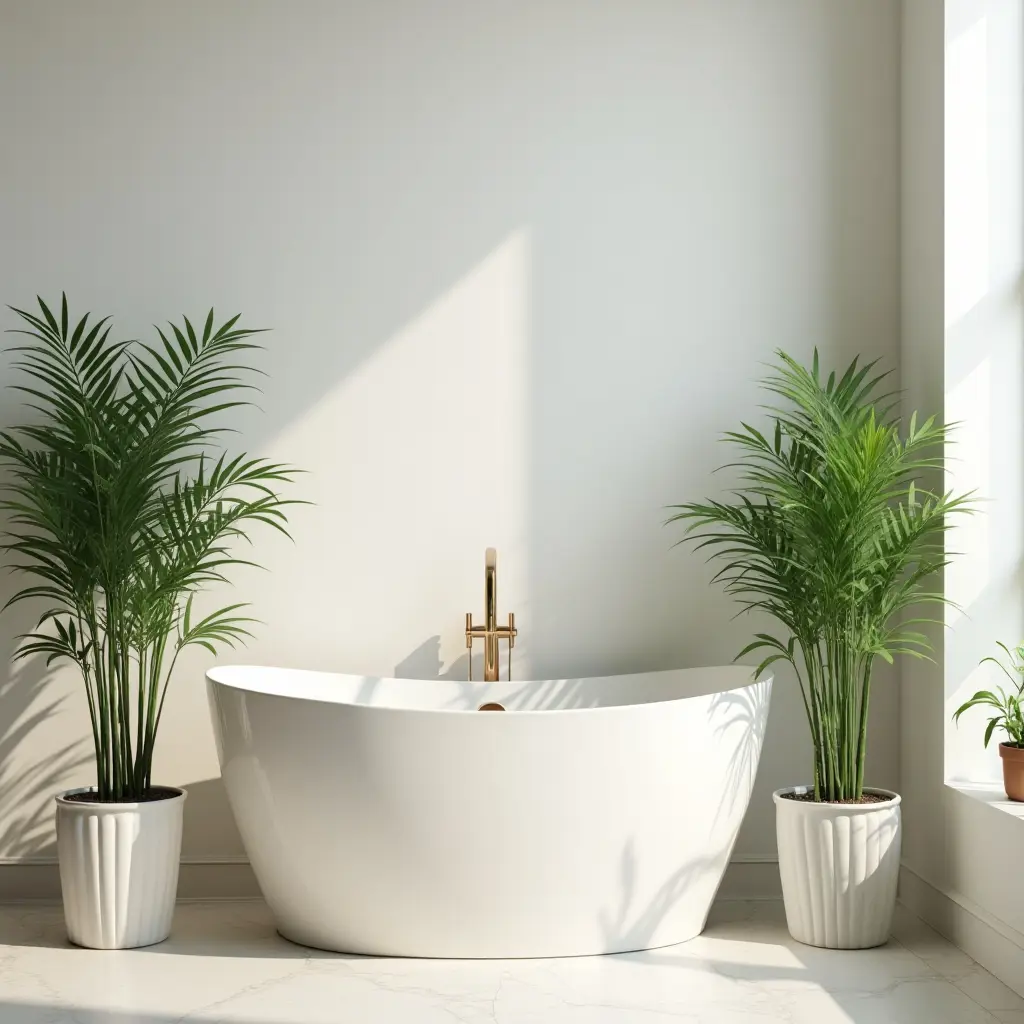a photo of a chic bathroom with bamboo plants in decorative pots