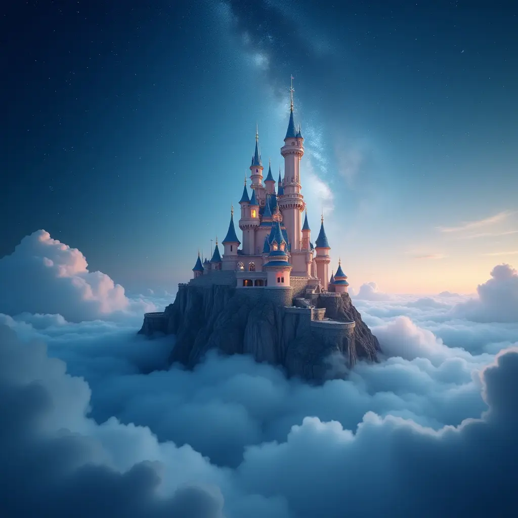 a photo of a magical castle surrounded by clouds and stars
