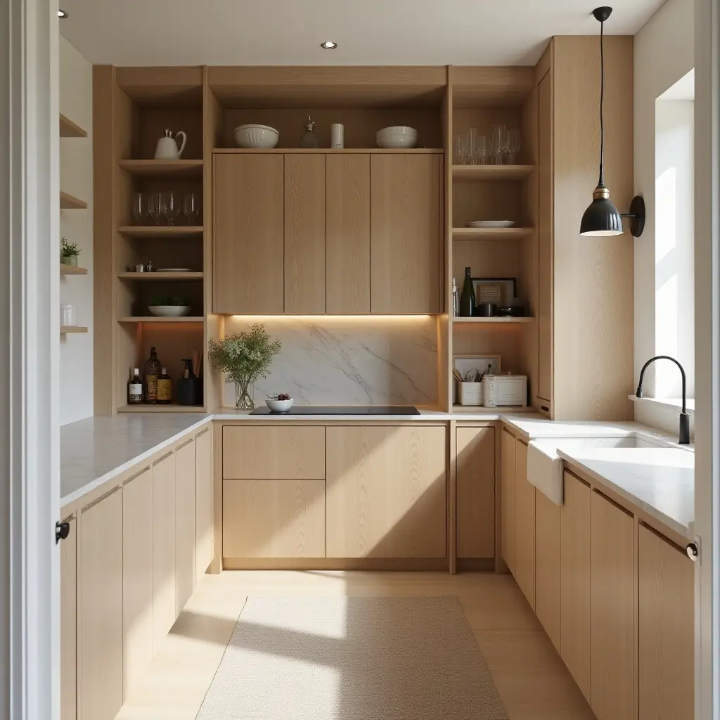 a photo of a butler's pantry designed with eco-friendly materials and finishes