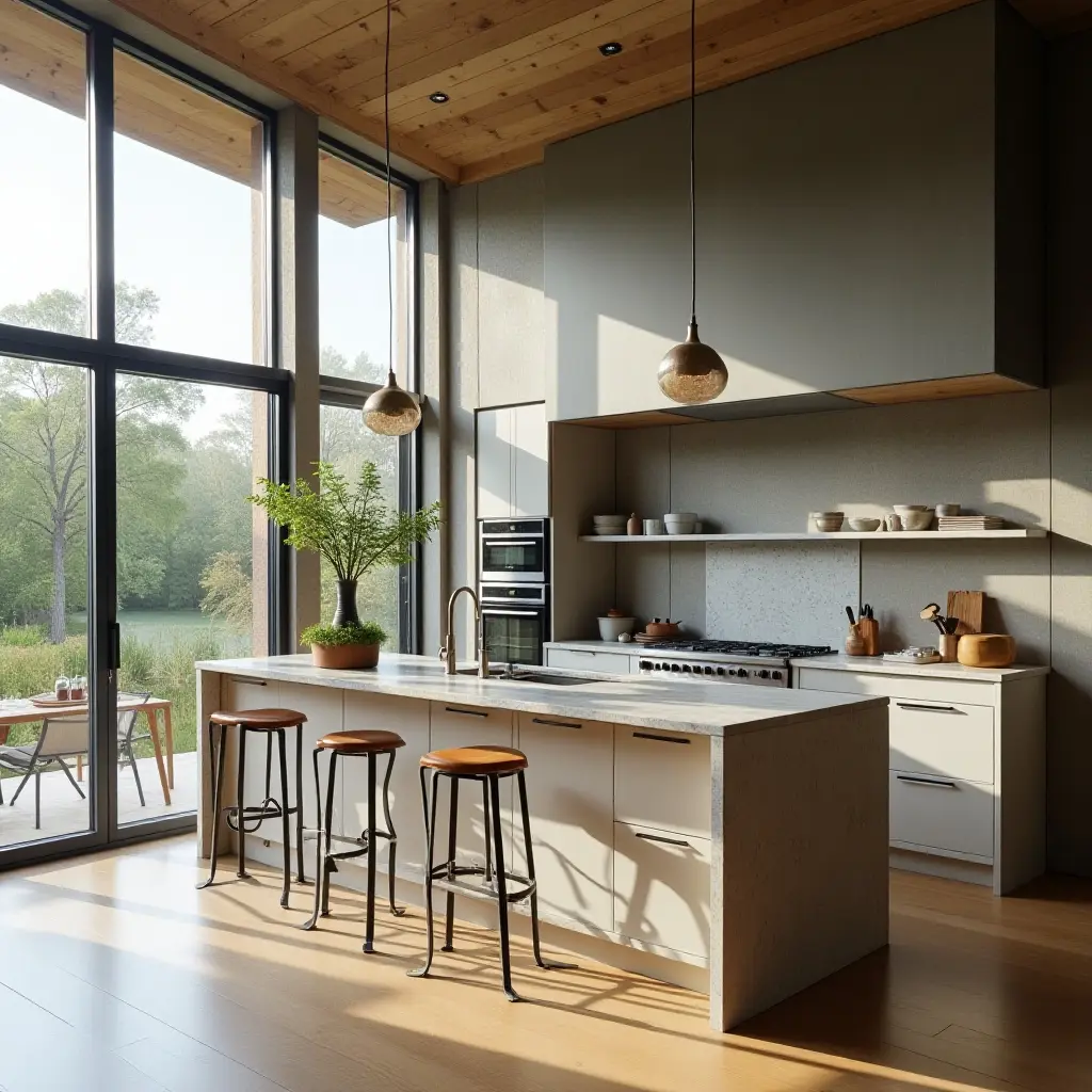 a photo of a kitchen with large windows and metal-framed cabinetry