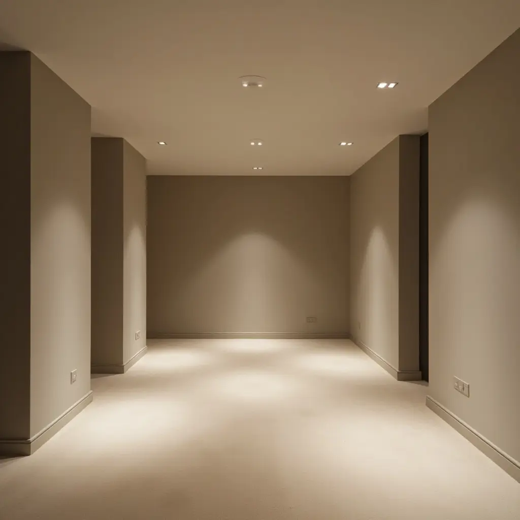 a photo of a minimalist basement with recessed lighting and clean lines